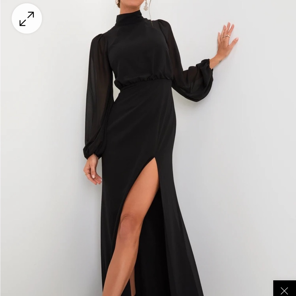Lulu's Black Mock Neck Slit Gown